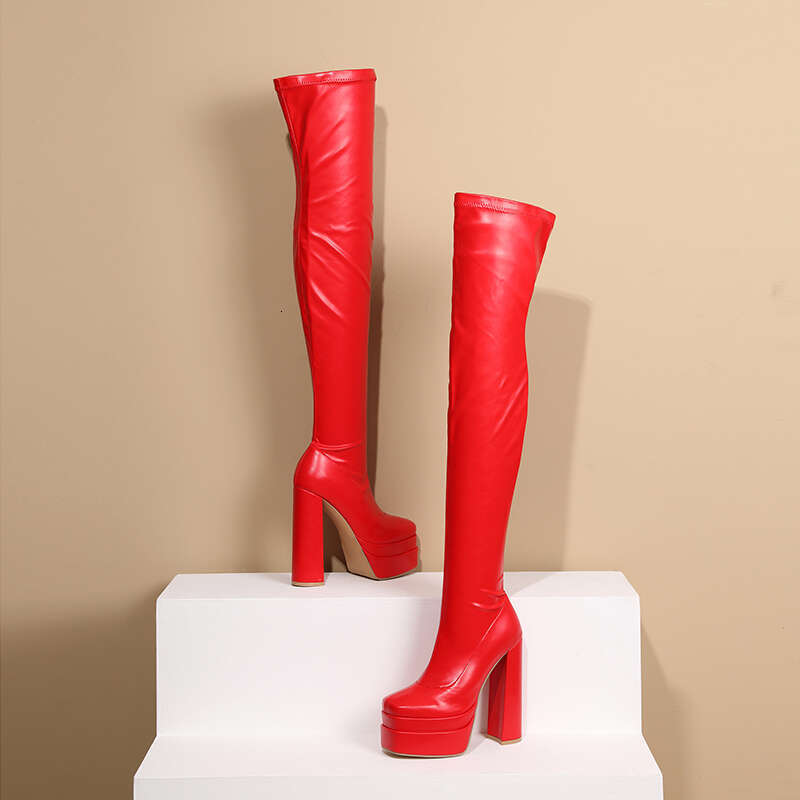Square Toe Super High Three-Layer Platform Fashion Women's Over The Knee Thick Heel Side Zipper Slip-On Plush Ing Boots