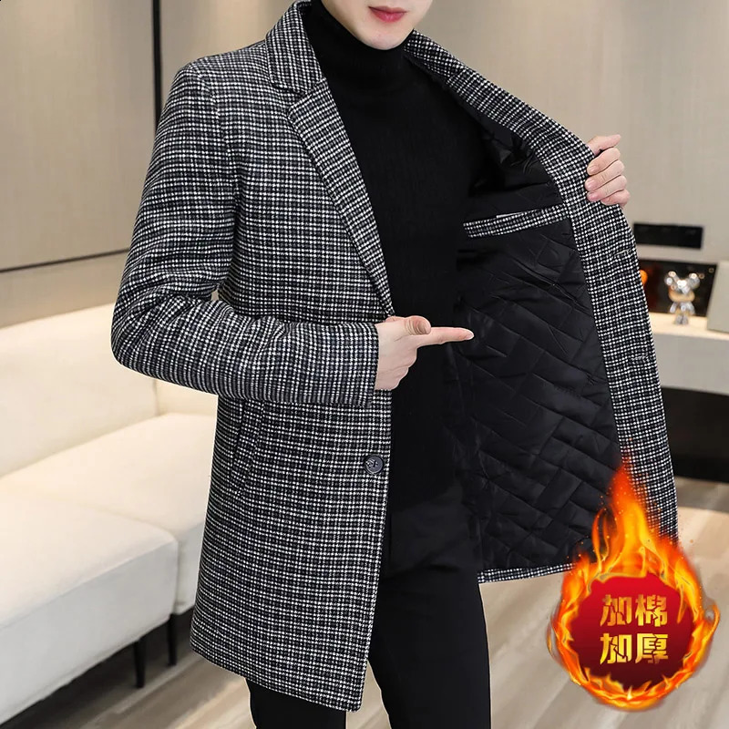 autumn and winter mens wool jacket long and thick coat slim fit casual business wool blend coat street mens clothing 240829