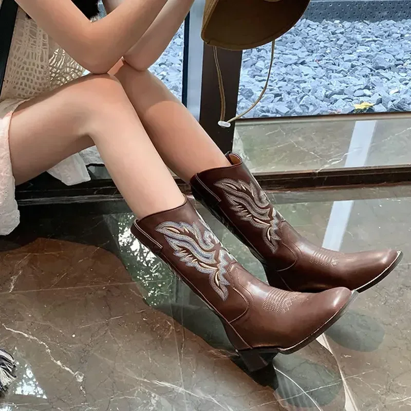 Women Retro Mid Calf Western Cowboy Motorcycle Female Autumn Embroidered Square Toe Chunky Heel Fashion Design Brown Boots f63e