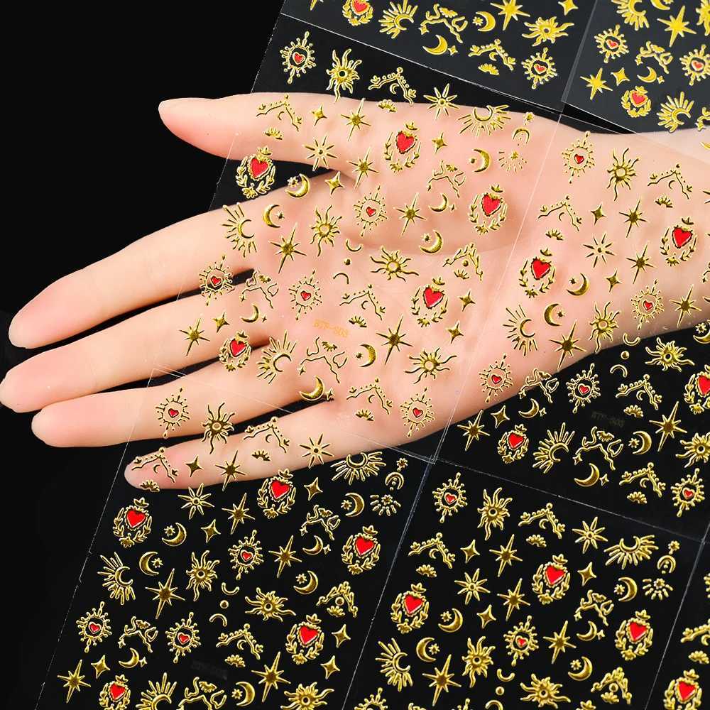 1/4 Bronze Love Heart Star Moon Nail Art Stickers 5d Embossed Adhesive Gold Irregular Lines Geometric Valentines Day Stickers W240829