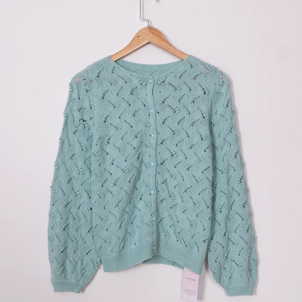 ZESSAM Solid Hook Flower Jacquard Knit Cardigan ONeck Long Sleeve Button Hollow Out Female Sweater Casual Cozy Lady Top 240827