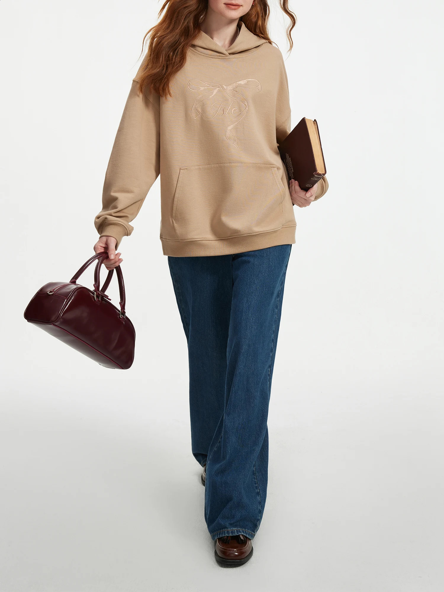FSLE Cotton 100% Hoodie Loose Shoulder Autumn Bow Embroidered Womens Casual Top 24FS13243 240827