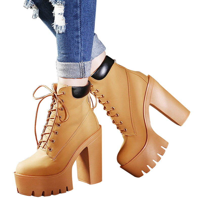 Gdgydh Fashion Spring Autumn Platform Ankle Boots Women Lace Up Thick Heel Platform Boots Women's Chunky Heeled Short Boots