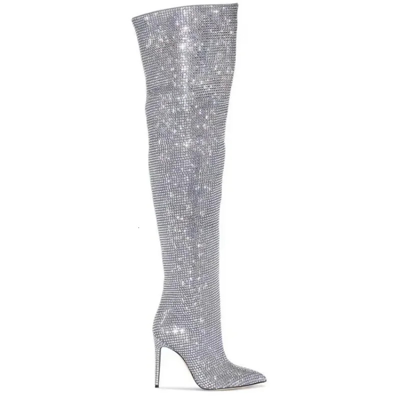 High Quality European And American Knee Length Rhie Pile For Women's Sexy Slim High Heeled Pointed Runway Boots