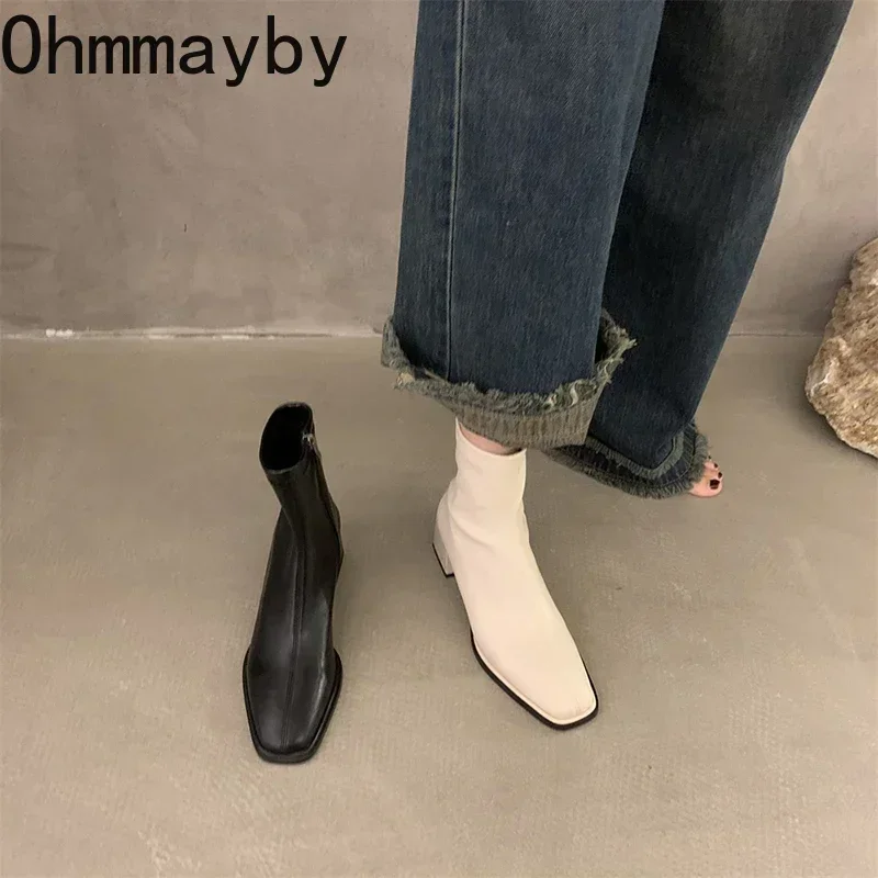 Women Ankle Boots Woman Square Heel Fashion Zipper Autumn Winter Women's Shoes Leather Girl's Short Booties
