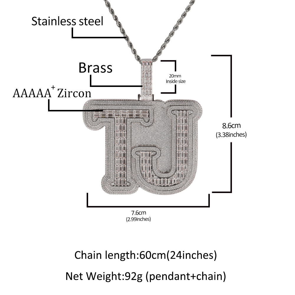 Custom Template Name A-Z Letters Pendant Necklace 5A T Zircon Mens Large Jewelry