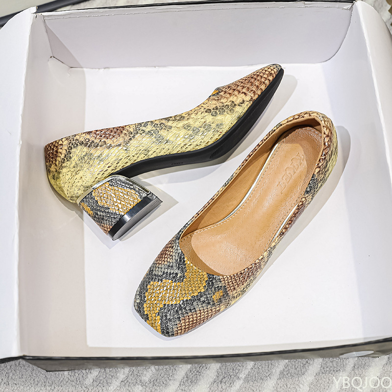 Autumn New Sexy Chunky Heel Split Leather Snakeskin Soft Women Round Toe Ladies Dress Shoes 2023 305d 2500