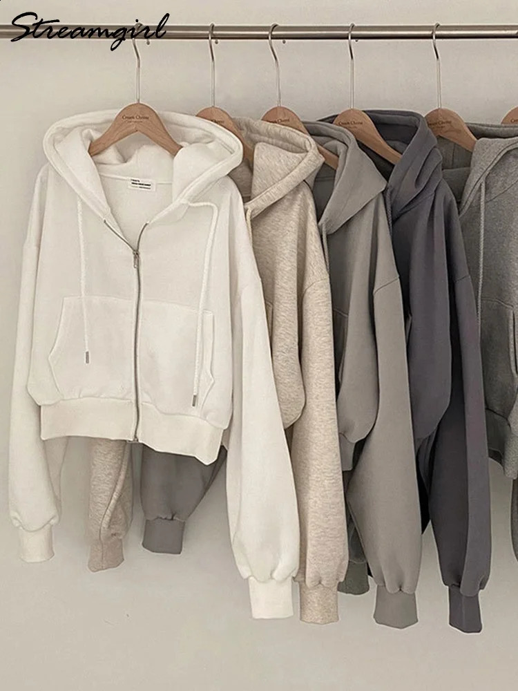 Streamgirl Short Hoodie Womens Zipper Oversized Jacket Spring Grey Sportswear with Cotton Top 240827