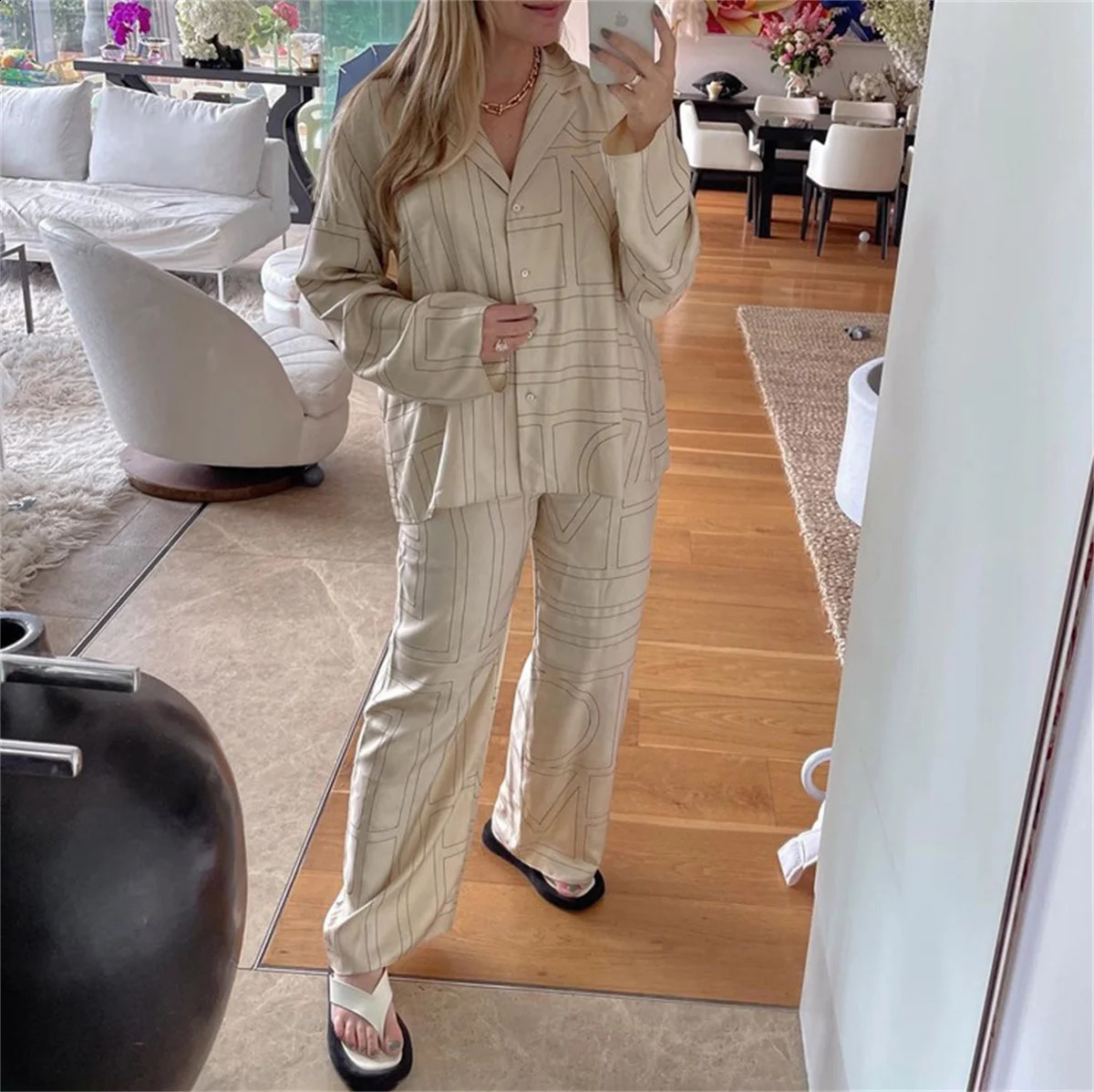 Fashion Letter Printing Pants Suit Loose Turn Down Collar Shirts Wide Leg Pant Sets 2024 Casual Autumn Summer 2 Piece Set In 240829