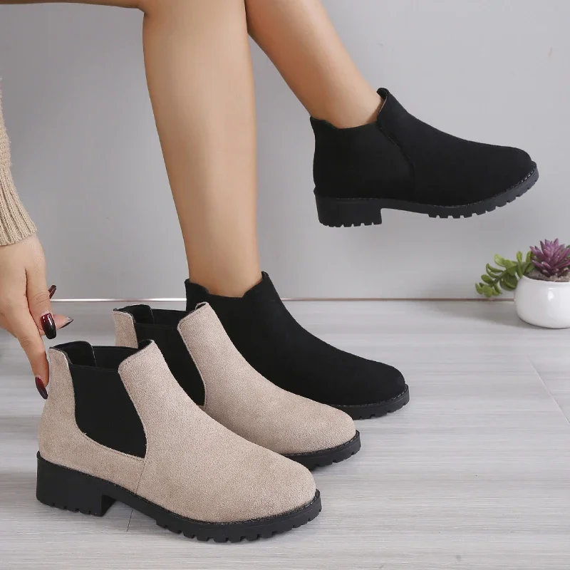 Shoes Women Winter Cow Suede Ankle Chunky Boots Black Female Autumn Fashion Platform Booties Beige 49a2