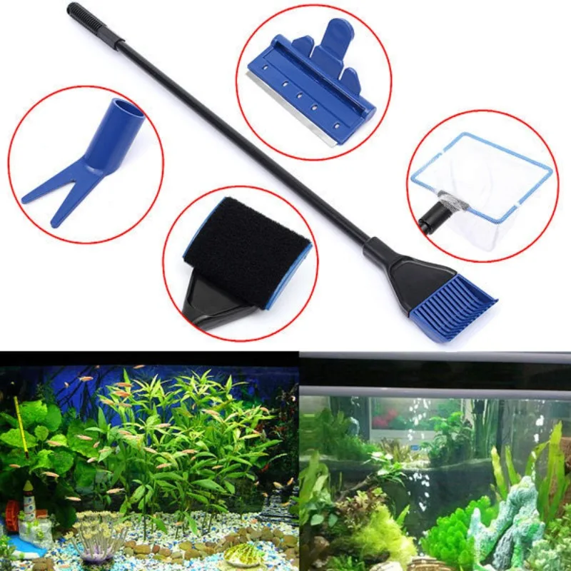 5-in-1 Aquarium Tool Fish Tank Glass Cleaning Brush Fishing Aquatic Grass Clip Algae Scraping Knife Long Handle Cleaning Tools