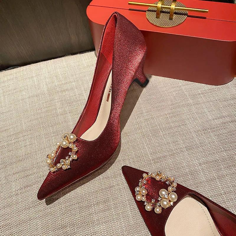 crown 2d0fe heels med-high woman beading green silk pumps designer party/wedding shoes 41 42 plus size pearl buckle tacon