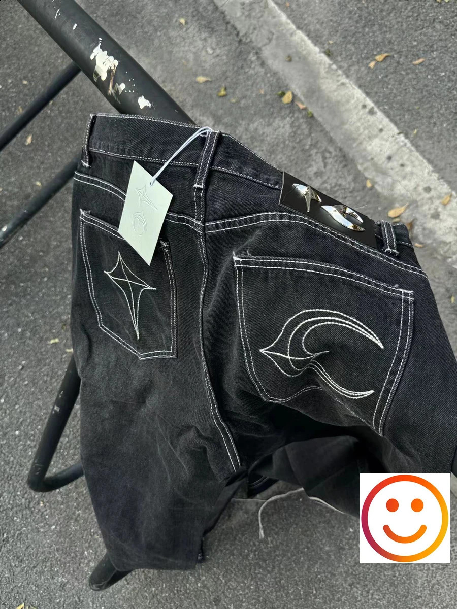 Washed Thug Club Embroidery Root fringe straight jeans mens and womens hip-hop casual high-quality black loose denim jeans 240829