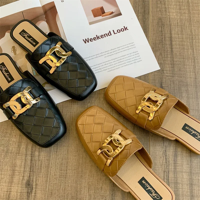 Women Light Outdoor Flat Mules Temperament Square Head Slides Fashion Plaid Metal Buckle Modern Slippers Roman Sandals 4 a59f1