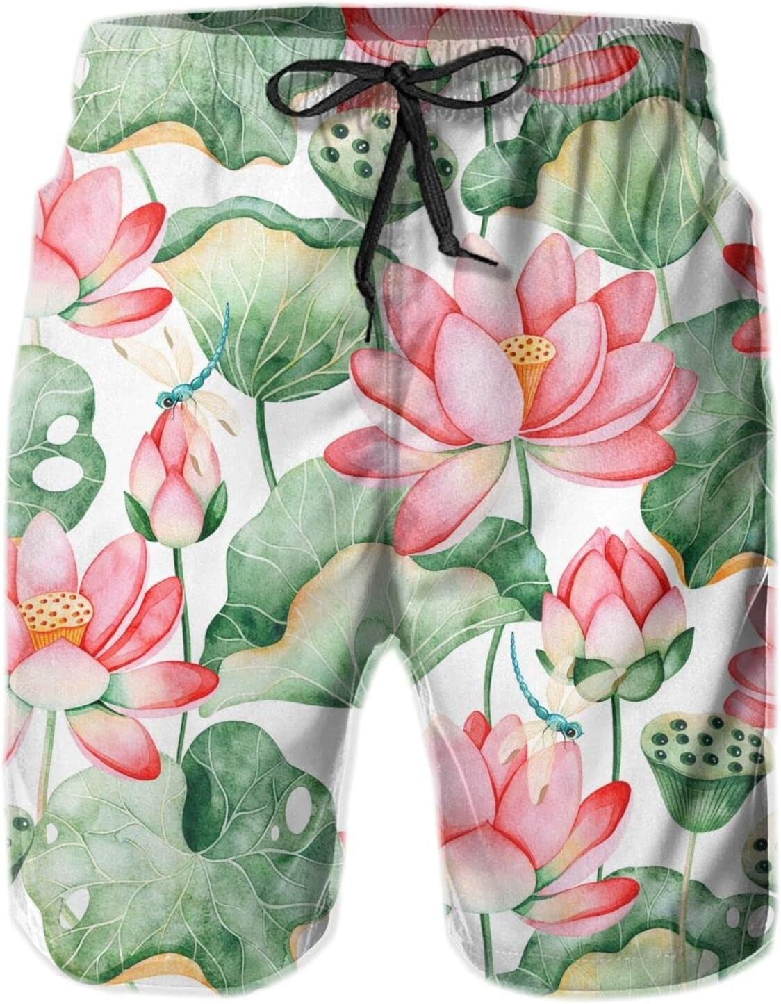 Mens Shorts 3D Printing Pattern Lotus Leaf Pond Swim Trunks Quick Dry Casual Beach Board Swimwear