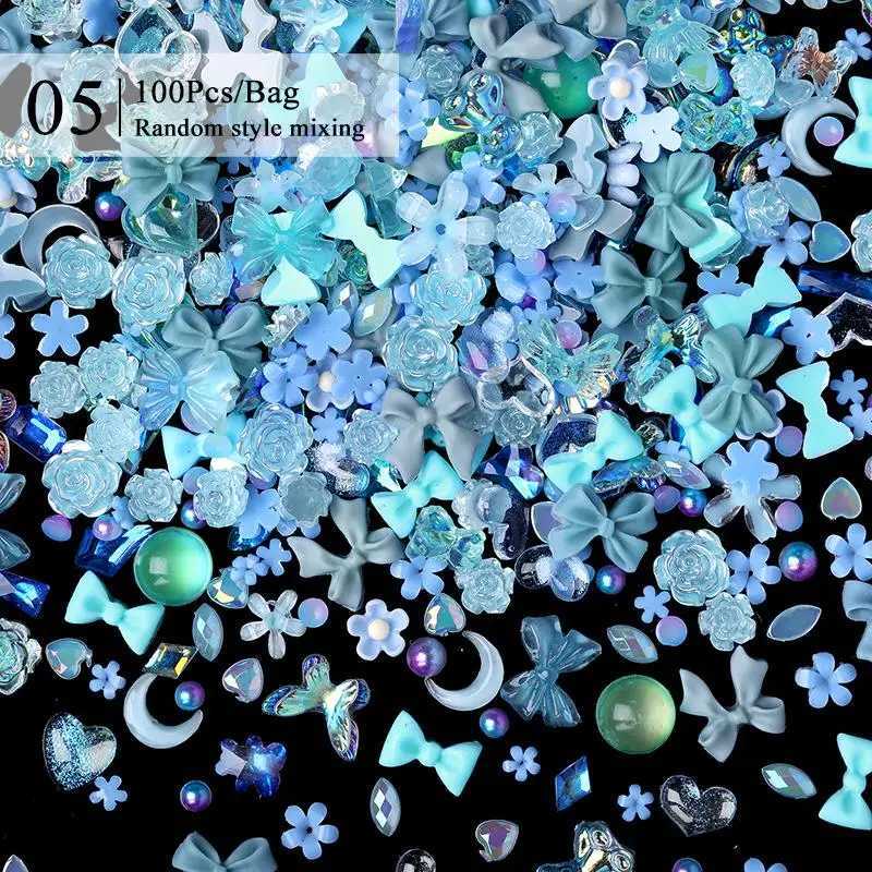 100 pieces of 3D resin pink purple nail charm flower center bear mixed nail art decoration Kawaii pink ribbon bow DIY nail parts W240829