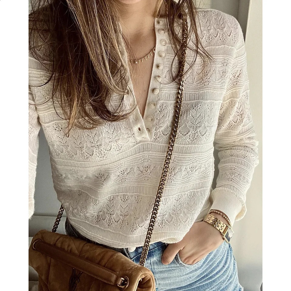 ZESSAM Solid Graphic Print Women Shirt ONeck Long Sleeve Button Hollow Out Pullover Vintage Classic Casual Lady Top 240827
