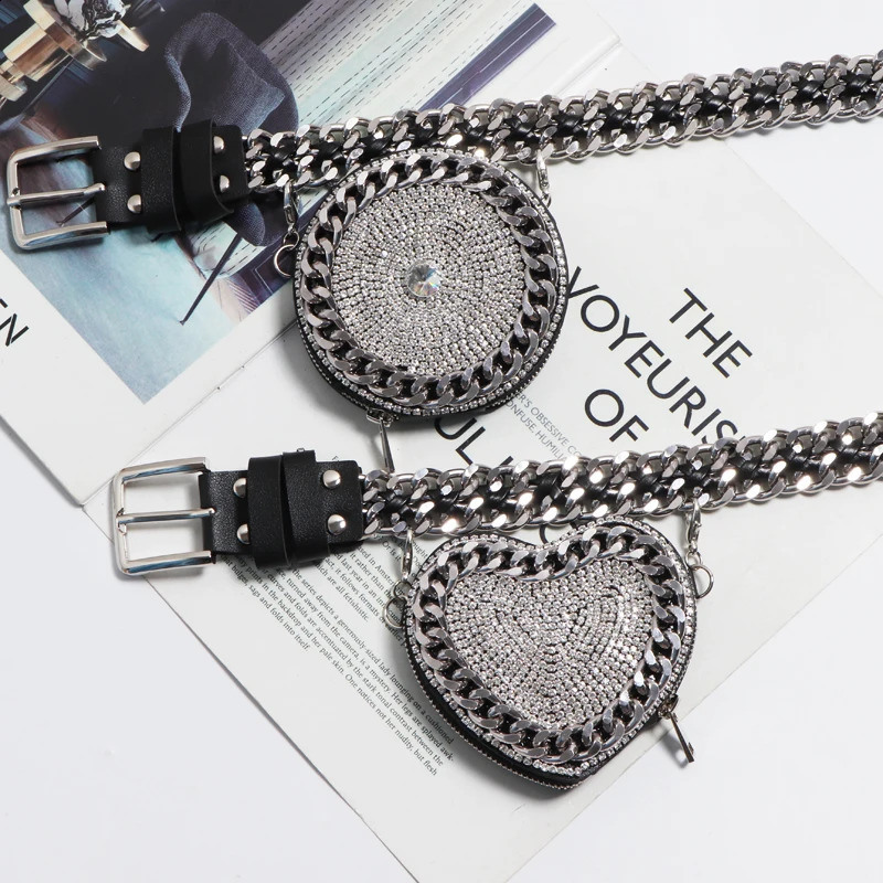 Punk Woven Belt Wide Chain Waist Bag Adjustable with Coin Women Cute Heart Circular Fanny Pack 240830Z