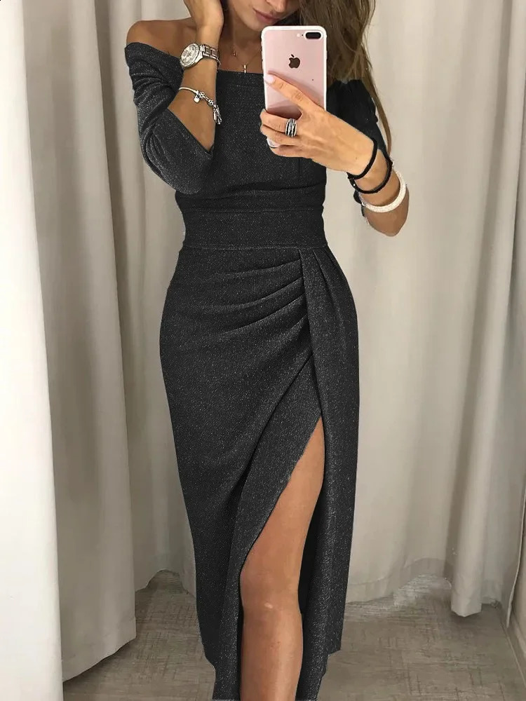 Womens Off Shoulder Long Sleeve Tight Evening Dress Asymmetric Split Pencil Dress S M L XL XXL 240830