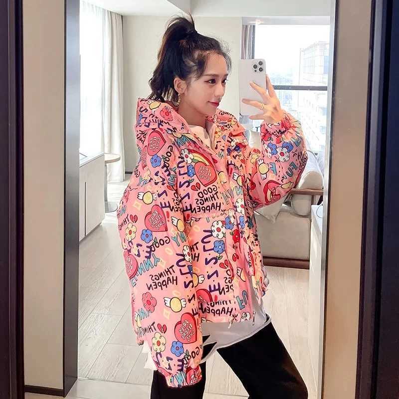 Womens Down Parkas Winter new down cotton jacket womens short sleeved printed loose hooded cotton jacket womens fashionable fully matched casual park 