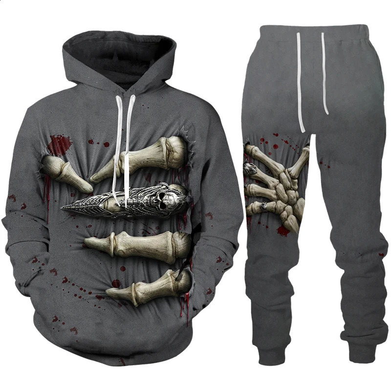 Personalized Skull 3D Printed Mens Track Wear Set Gothic Punk Hoodie Sweatshirt/Set Cool Halloween Street Costume 240829
