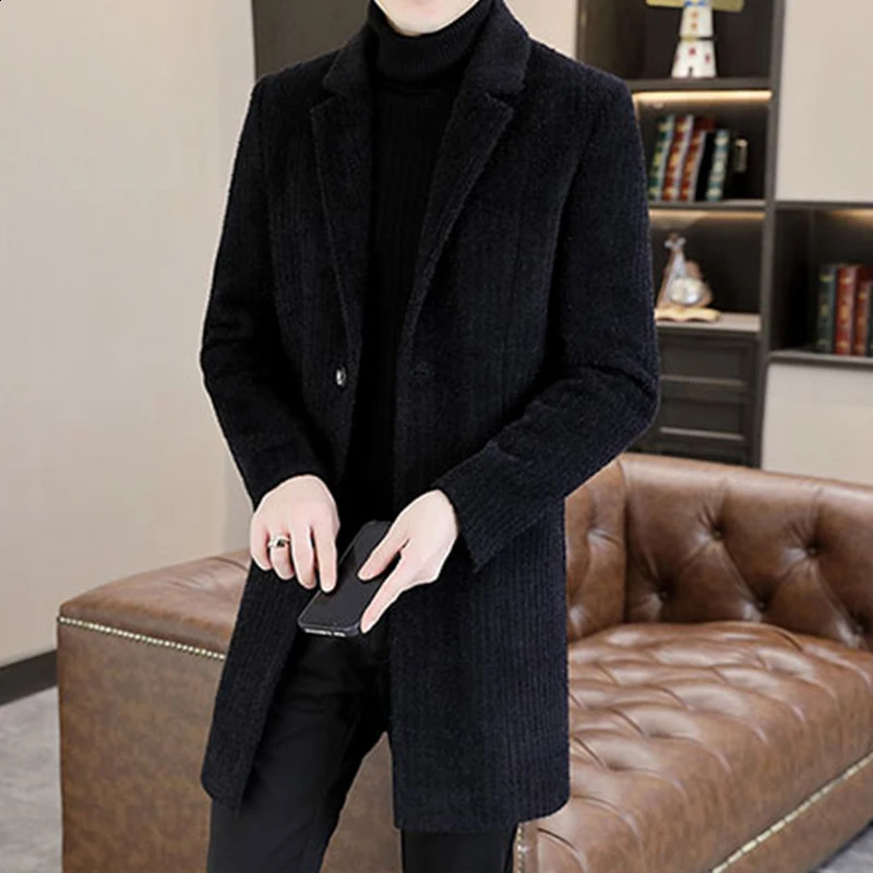Mens mid length solid striped wool coat autumn and winter casual warm windproof jacket loose thick top 240829