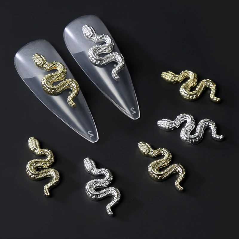 10 pieces of 3D gold/silver snake nail charm metal alloy snake nail art Rhinestone handmade jewelry for DIY luxury accessories W240829