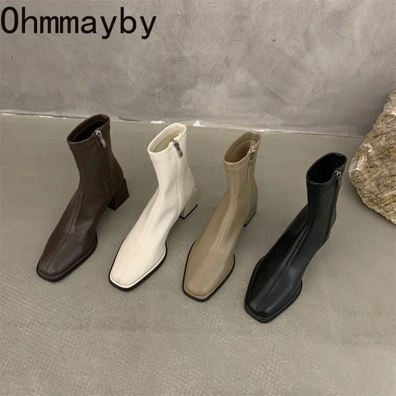 Women Ankle Boots Woman Square Heel Fashion Zipper Autumn Winter Women's Shoes Leather Girl's Short Booties