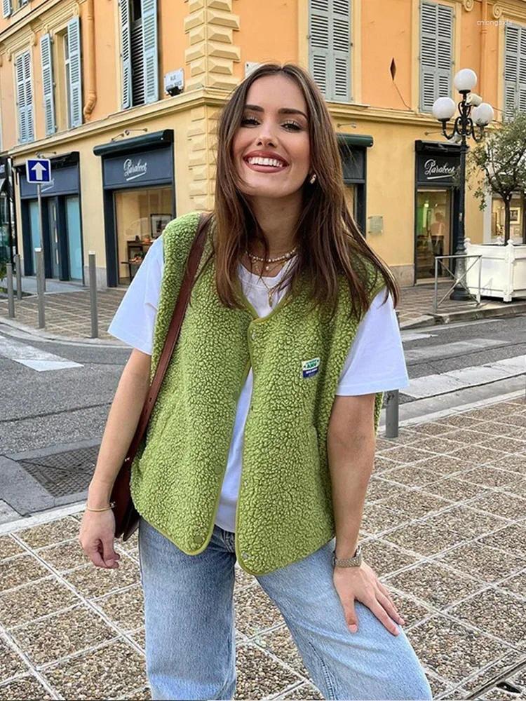 CNLONGBIDA Womens Vests Chic Lamb Wool Single Breasted Pocket Vest Women Loose V Neck Sleeveless Warm Waistcoat 2024 Autumn Casual High Street