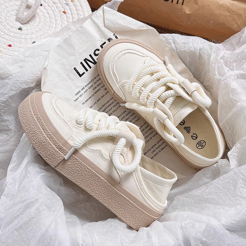 2025 New Arrival Women's Versatile Chunky Platform Sneakers - Korean-Inspired White Canvas Shoes for Casual/Sporty Wear | 2-Way Convertible Desig