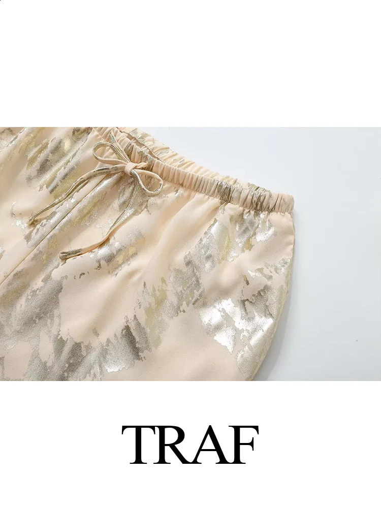 TRAF Womens Y2K Fashion Pants Baggy Metal Printed Pants Tied Straight Female Spring Autumn Causal Trousers Streetwear 240829