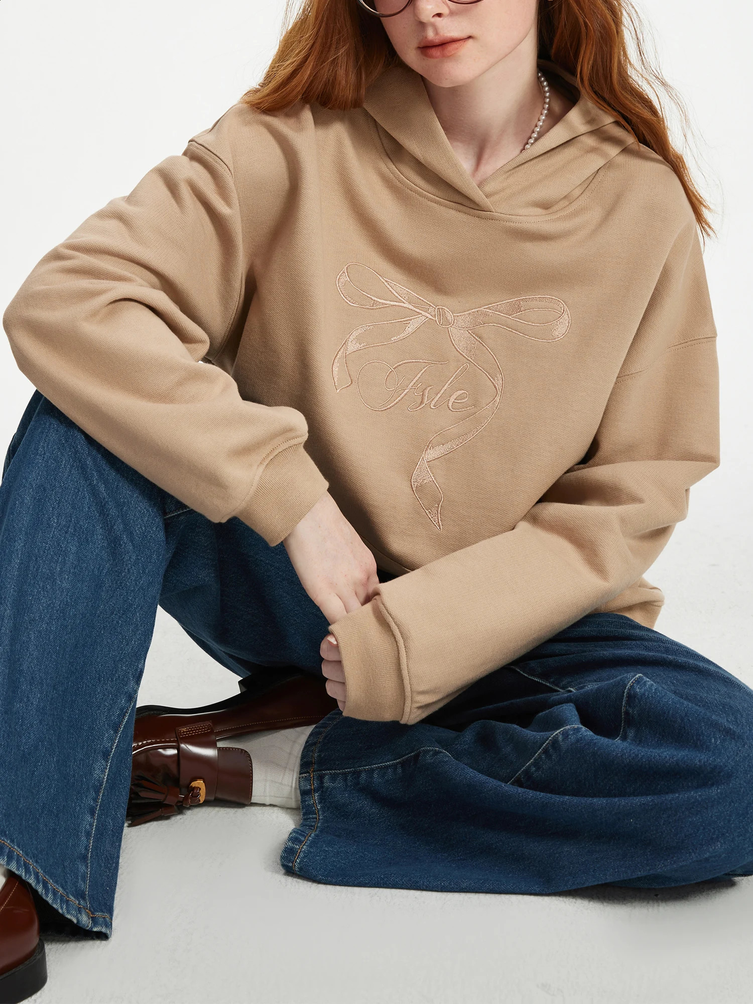 FSLE Cotton 100% Hoodie Loose Shoulder Autumn Bow Embroidered Womens Casual Top 24FS13243 240827