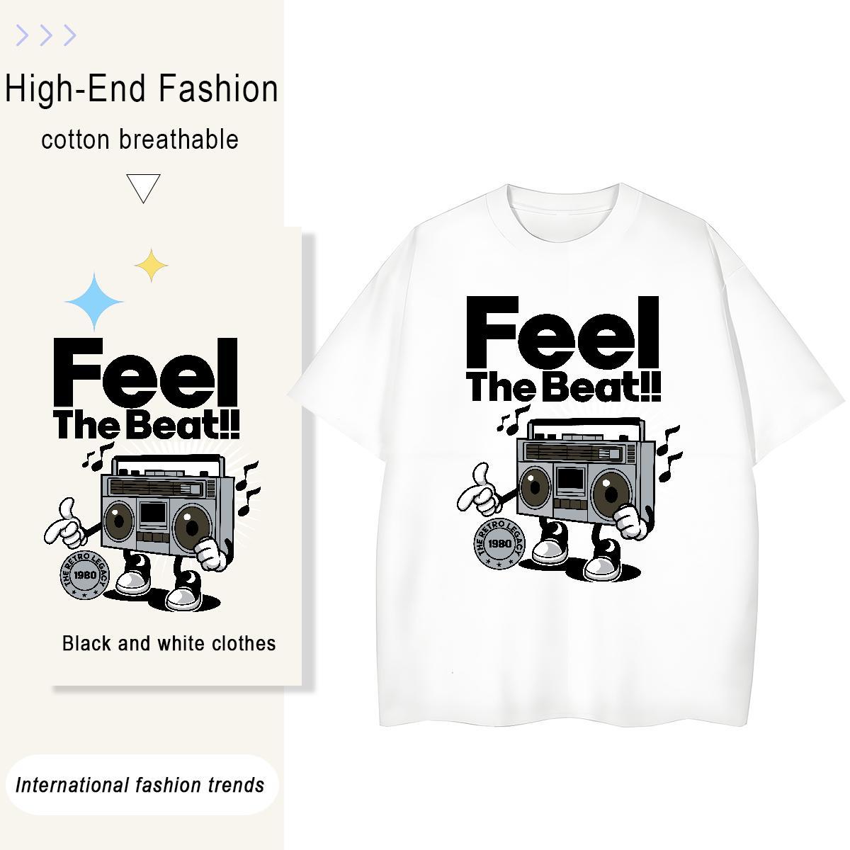 Free Shipping Women Tees 230g 100% Cotton audio Casual Beach T-Shirts Breathable Crew Neck Cartoon Print Wear