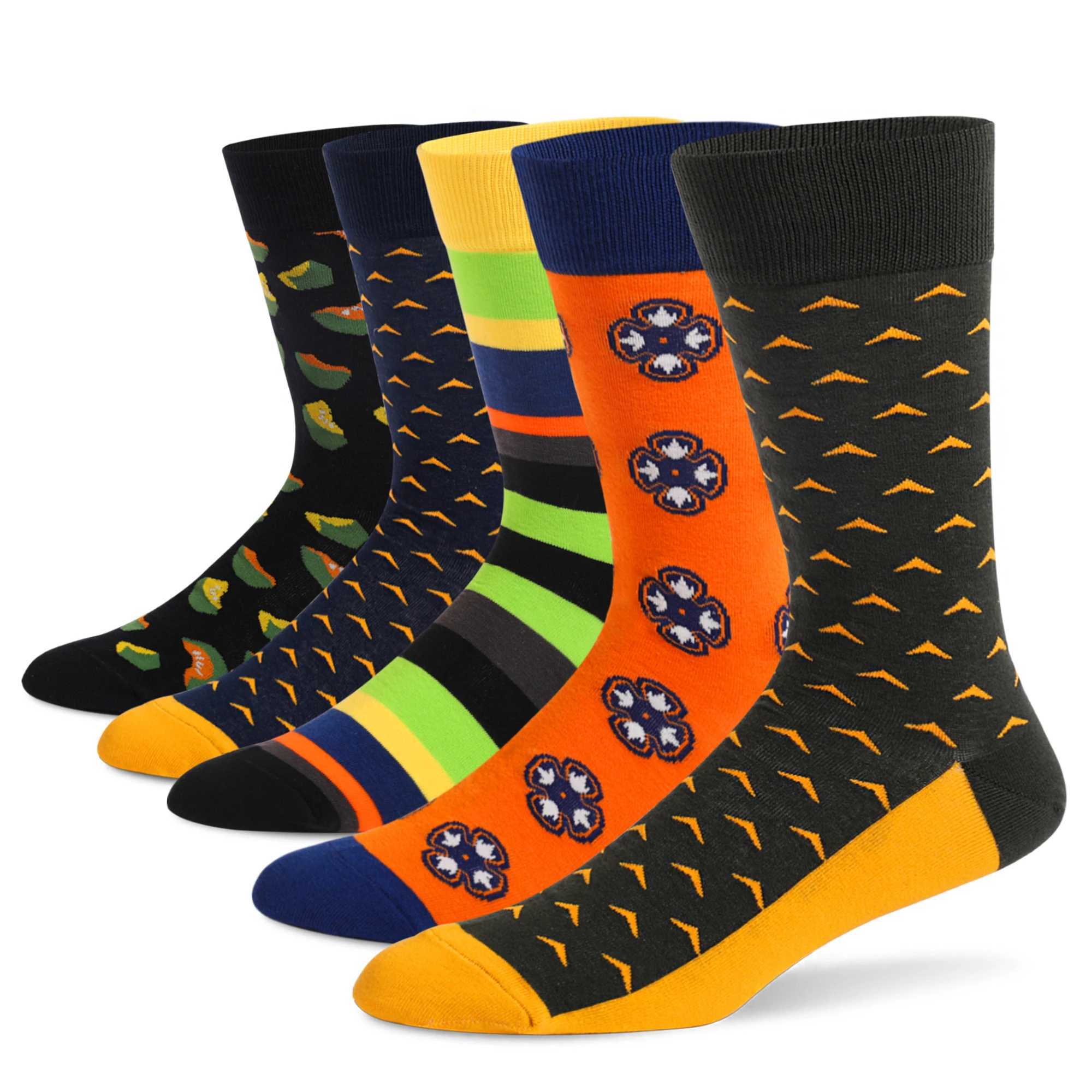 Men's Socks 5Pairs Mens Fun Dress Socks Pattern Funny Socks Pack Colorful Striped Combed Cotton Novelty SocksCool Breathable Casual Socks Y240830