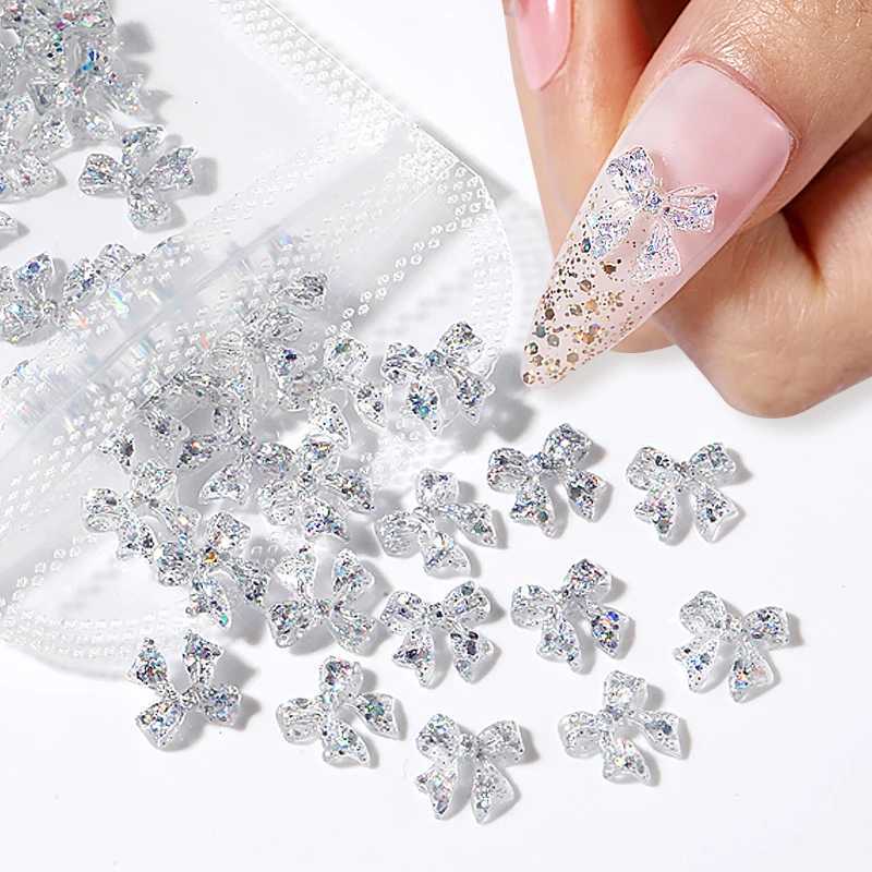 50 pieces of 3D luminous nail charm accessories jelly ribbon bow nail decoration transparent crystal handmade jewelry W240829