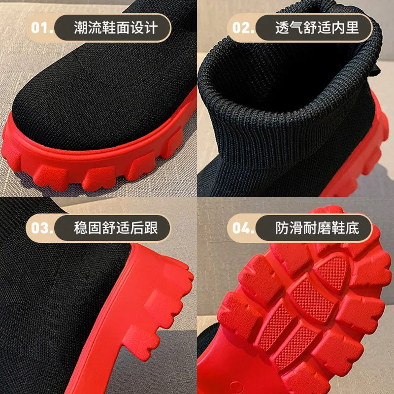 Autumn Women 2023 New Platform Breathable Knitted Elastic Wedges Soc Bottom Thick Heel Ankle Boots Woman 2f61