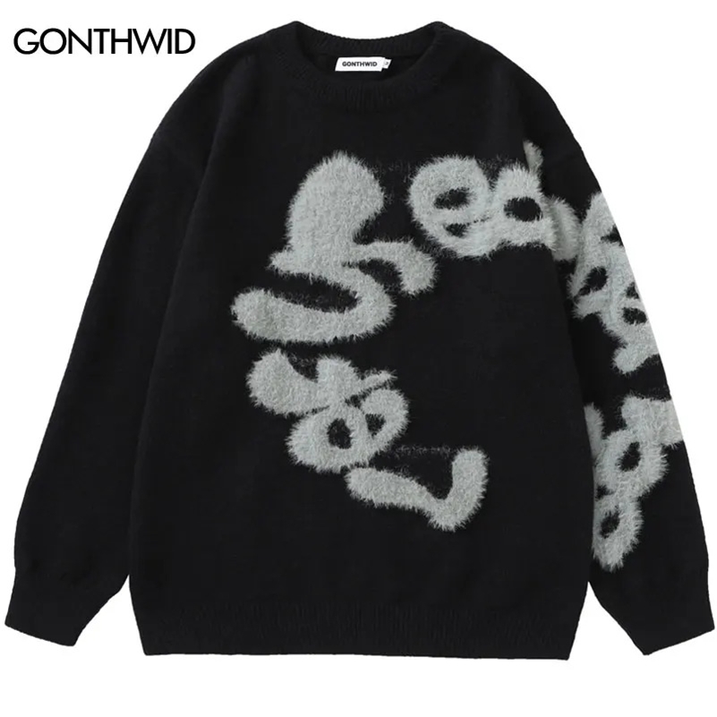 Black Fluffy Letter Sweater 240829