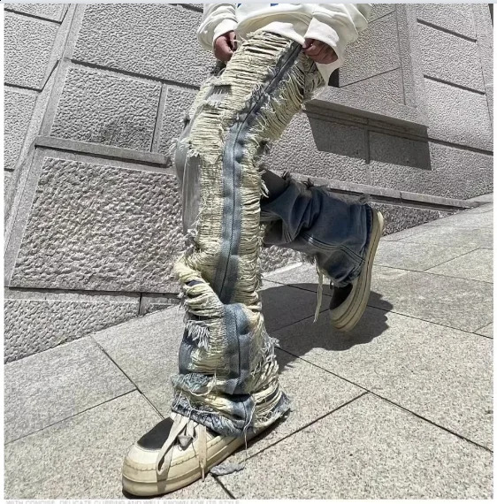 Harajuku Ripped Frayed Hole Blue Washed Jeans Pants for Men and Women Pockets Streetwear Casual Baggy Denim Trousers 240826Z