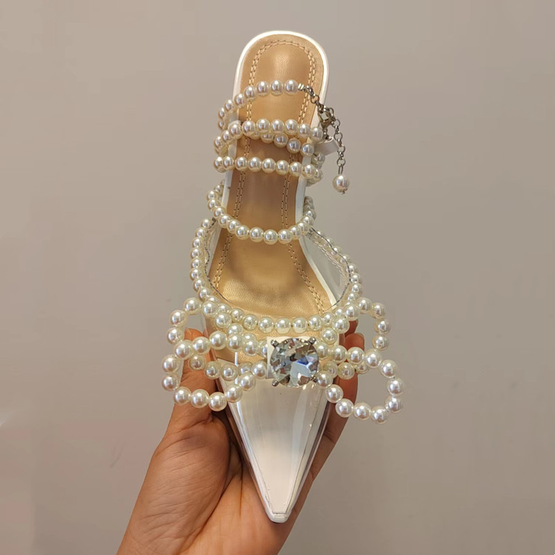 Rhie Clear Soft PVC Women Pumps Sexy Quality Ankle Strap Pearls Bowknot Thin High Heels Fashion Summer Wedding Bridal New Shoes Bc17 B1d1