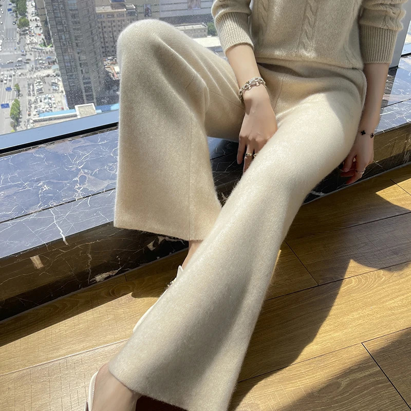 Knitted wide leg pants wool cashmere womens warm knit elegant loose 240827