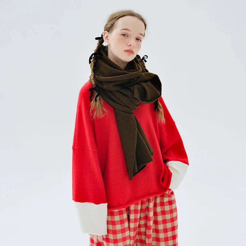 IMAKOKONI Original n Autumn Winter Warm Round Neck Pull Down Long Sleeve Sweater Rolling Edge Soft Top 234344 240827
