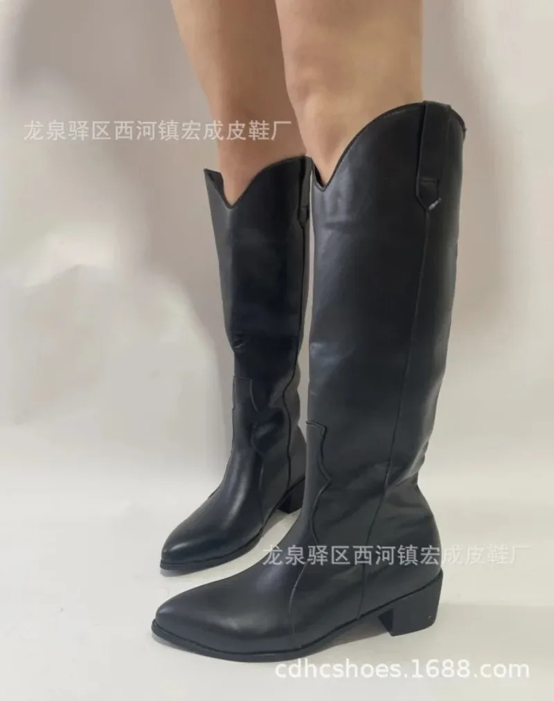 Black Western Women Wedge Heels Knee High Fashion Pointed Toe Shoes 2024 Winter Slip On Cowgirl Boots Botas Mujer