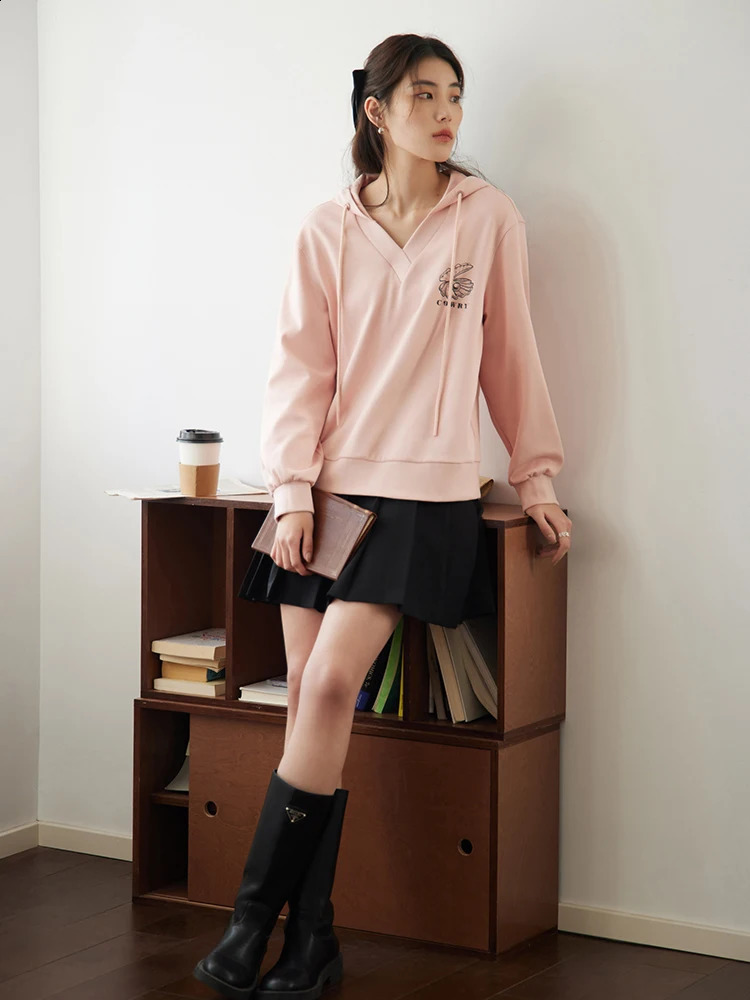DUSHU Vneck hooded collar n cotton black commuting sweatshirt spring lightweight straight sleeved 240827
