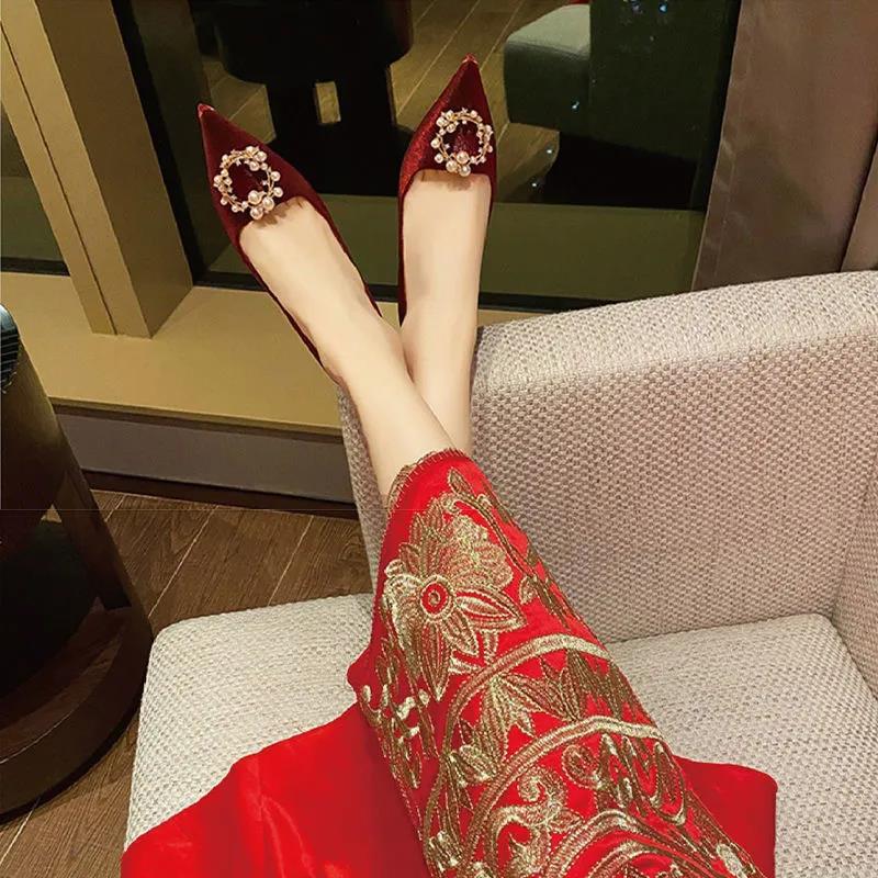 crown 2d0fe heels med-high woman beading green silk pumps designer party/wedding shoes 41 42 plus size pearl buckle tacon