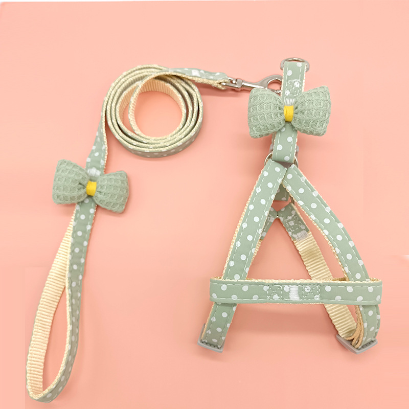 Adjustable Dog Collar and Leash Set with Polka Dot Print & Bow Embellishment Pet Chest Harness Pet Supplies for Puppies and Cats