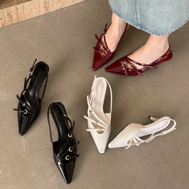 Eilyken Sexy Sgbac Narrow Band Buckle Strap Pumps Women Pointed Toe Thin Heels Wedding Party Mule Shoes