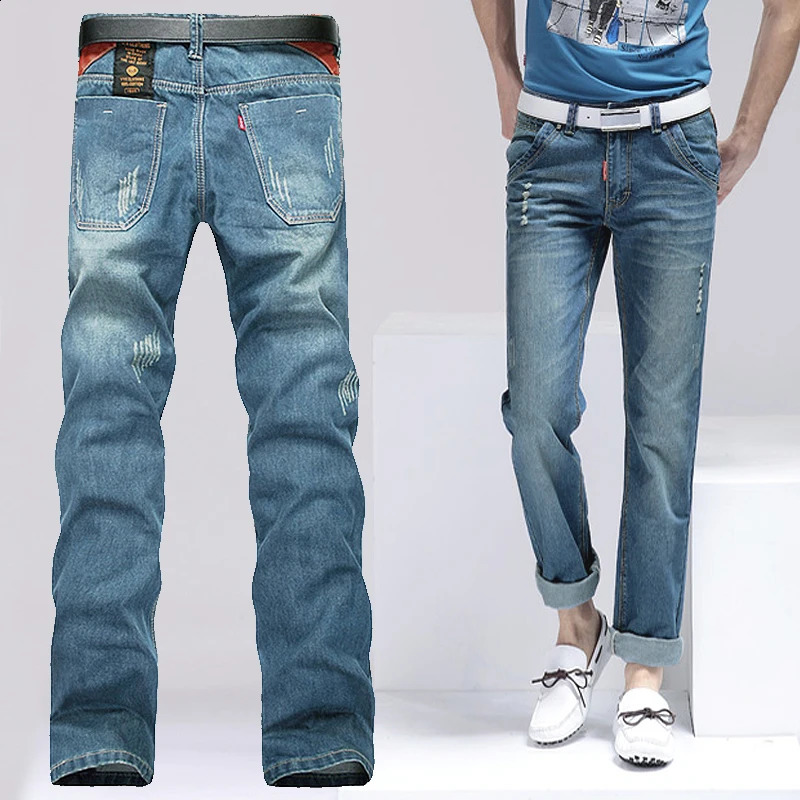 Ripped Denim Slim Jeans Mens Washed Tapered Brushed Motorcycle Straight Pants Male Black Jean trousers for men 240826Z