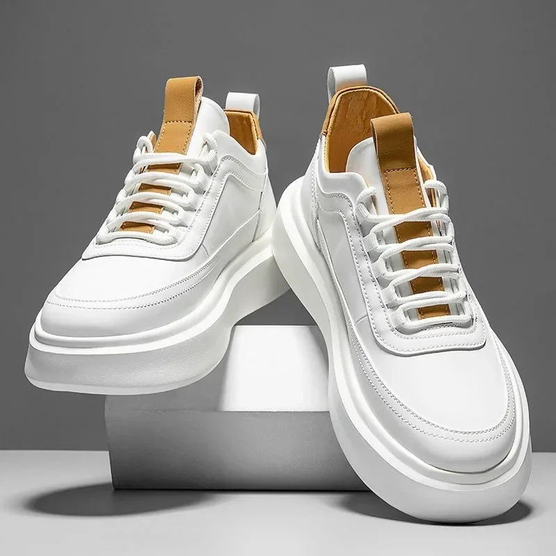 Men Thick Sole Shoes Flats Lace-Up Sneakers Men's Casual Lightweight Breathable Men White Business Travel Tenis Masculino
