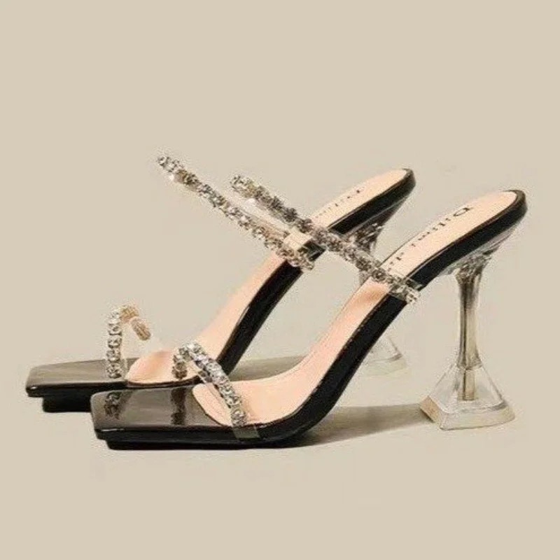Summer New Sexy New Fashion Open Toe Sandals Water Dia Shining Square Headed Banquet Women's High Heels Large Design 69dd