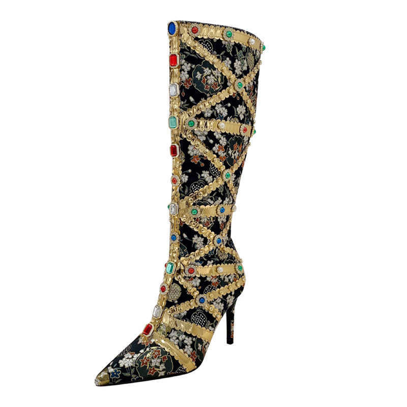 CMM Childrens Fashionable Slim Heel Heavy Handmade Womens Boots Rhinestone Ethnic Pointed High Heeled Long Tube Boots